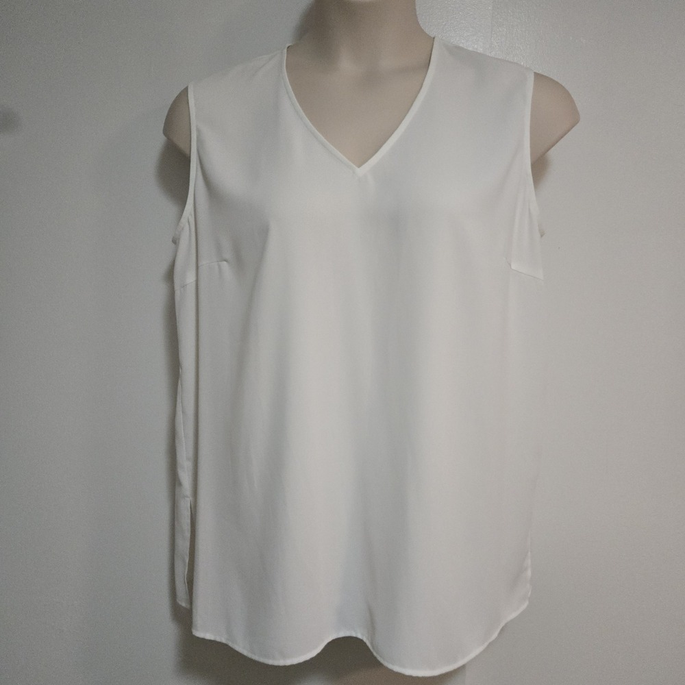 Ming Wang Sz L White Satin-Feel Poly Sleeveless V-Neck Blouse Shell Relaxed Top
